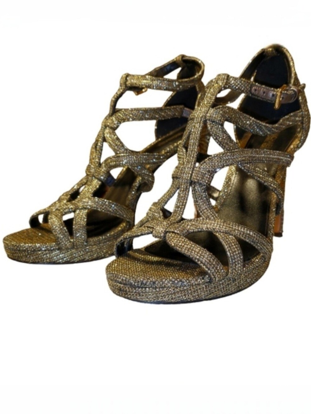 Michael Kors MK Sandra  Black/Gold Glitter Strappy Stiletto Heel Sandals Size 8